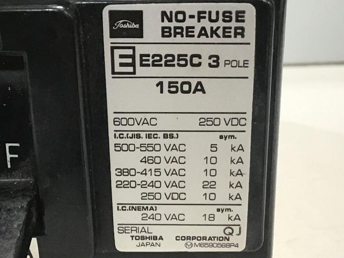 Used TOSHIBA 150 Amp No-Fuse Breaker E225C-3P-150A #124321