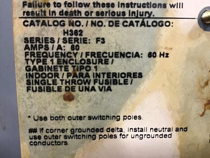 Used SQUARE D Safety Disconnect Switch H362 F1 #130007