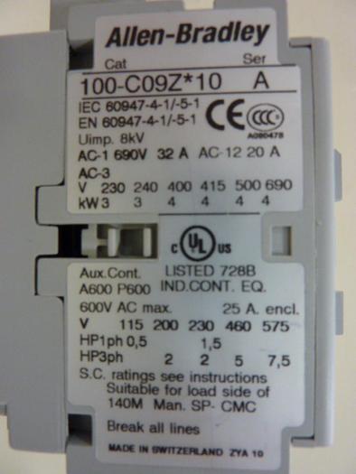 Used ALLEN BRADLEY Contactor Relay 100-C09Z.10 SER A #55312