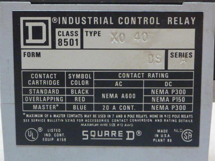 Used SQUARE D Industrial Control Relay 8501-X0 40 USED #32775