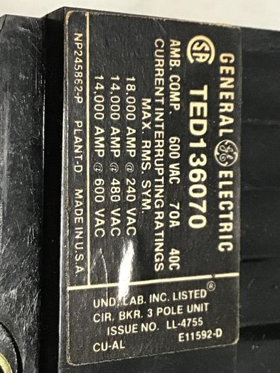 Used GE 70 Amp Circuit Breaker TED136070 / DISCONNECT #135124