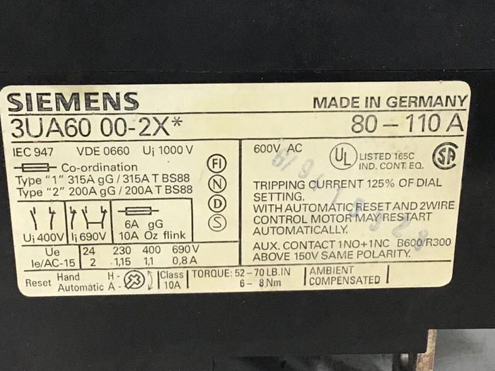 Used SIEMENS Overload Relay 3UA60 00-2X 80-110A #104590