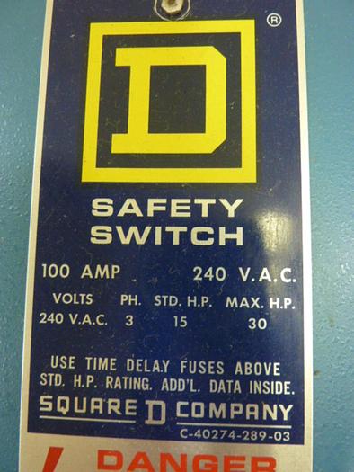 Used SQUARE D 100 Amp Safety Switch H-323 A #58822