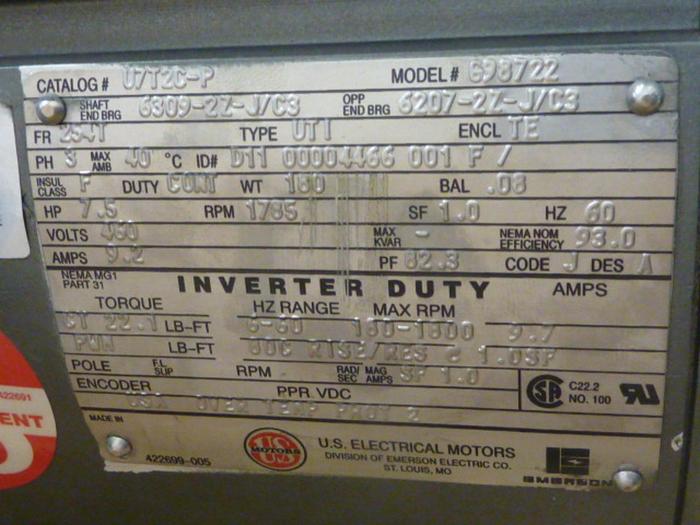 US ELECTRICAL MOTORS 7.5 HP Motor 698722 Used