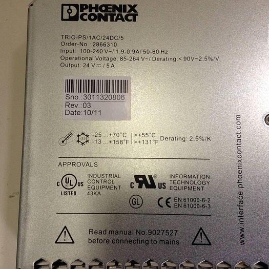 Used PHOENIX CONTACT Power Supply TRIO-PS/1AC/24DC/5 #79724