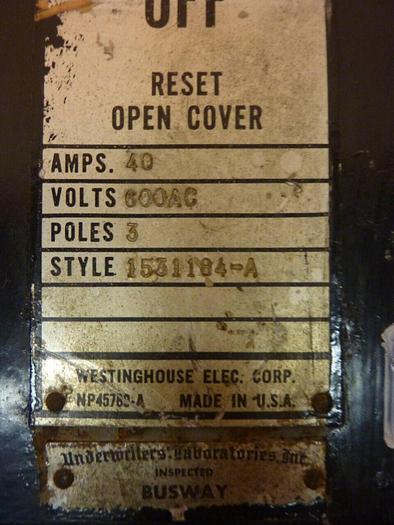 Used WESTINGHOUSE 40 Amp Bus Disconnect Switch 1531184-A #24427