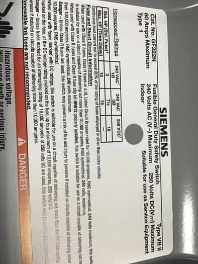 Used SIEMENS General Duty Safety Disconnect Switch GF322N VBII #137855