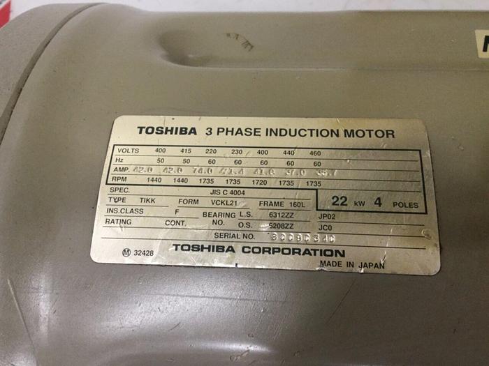 Used TOSHIBA 29.5 HP Induction Motor JIS C 4004 29.5 HP USED