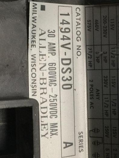 Used ALLEN BRADLEY 30 Amp Disconnect Switch 1494V-DS30 SER A #109613