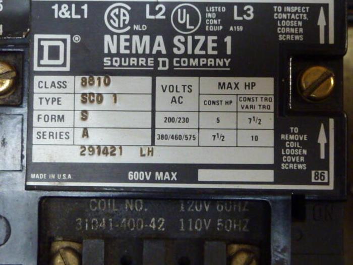 SQUARE D Motor Starter Size 1 8810-SC01 #29105