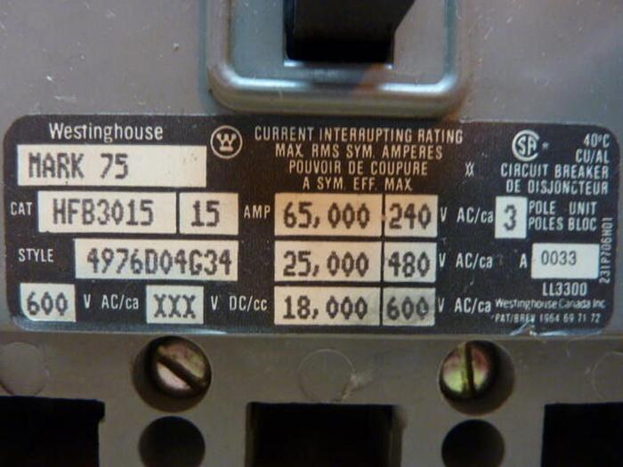 Used WESTINGHOUSE 15 Amp Circuit Breaker HFB3015 #27806