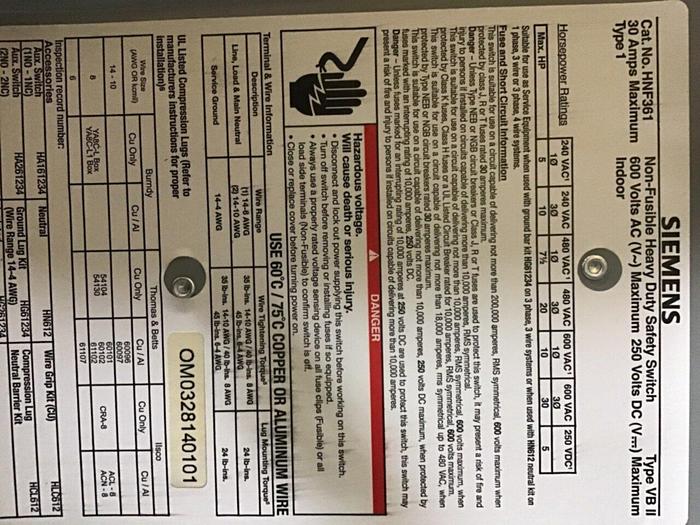 Used SIEMENS 30 Amp Safety Disconnect Switch HNF361 VBII #124531