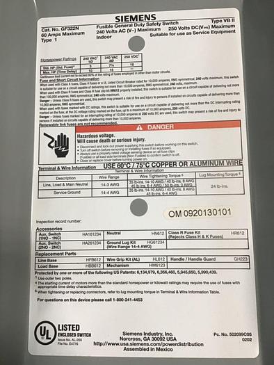 Used SIEMENS General Duty Safety Disconnect Switch GF322N VBII #137855