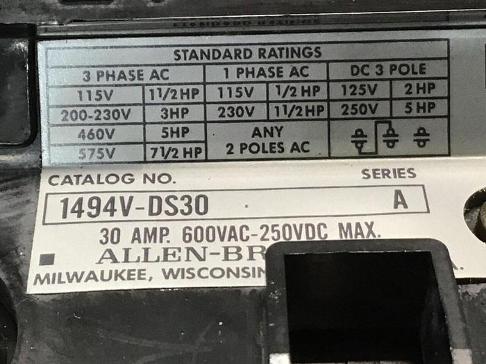 Used ALLEN BRADLEY 30 Amp Disconnect Switch 1494V-DS30 SER A #126257