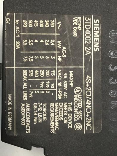 Used SIEMENS Contactor 3TF40 3TD4002-2A #103475