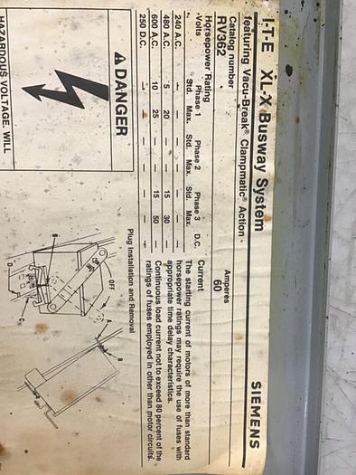 Used SIEMENS 60 Amp Buss Plug RV362 #137251