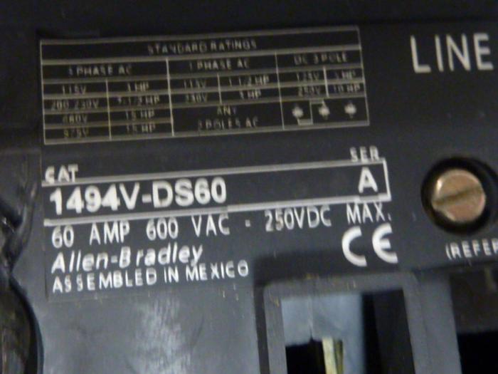 Used ALLEN BRADLEY 60 Amp Disconnect Switch 1494V-DS60 SER A #57450