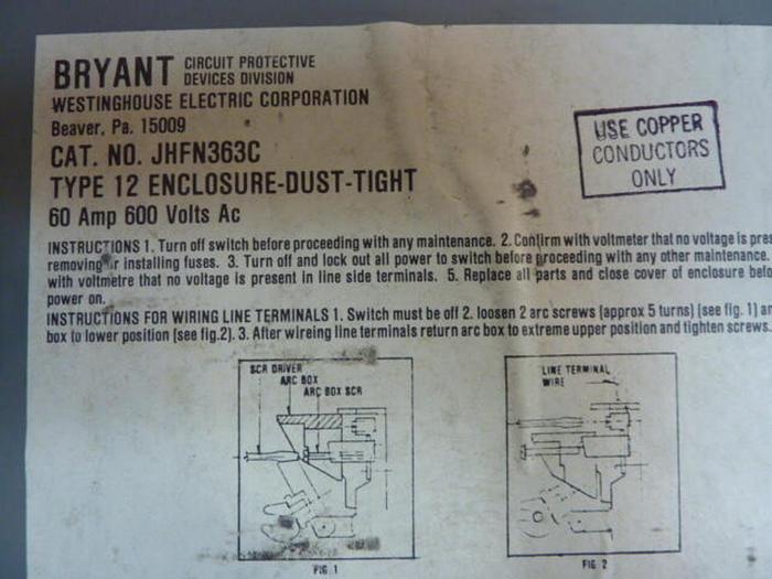 Used WESTINGHOUSE 100 Amp Safety Disconnect Switch JHFN363C #28324