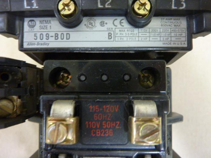 Used ALLEN BRADLEY Starter Size 1 509-BOD SER B W27 #47130