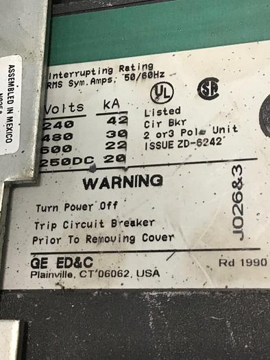 Used GENERAL ELECTRIC 300 Amp Circuit Breaker TJJ436300WL Used