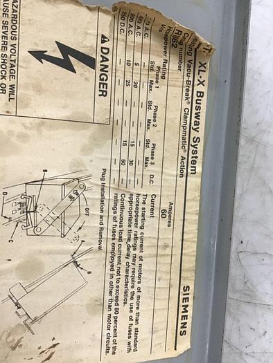 Used SIEMENS 60 Amp Buss Plug RV362 #137252