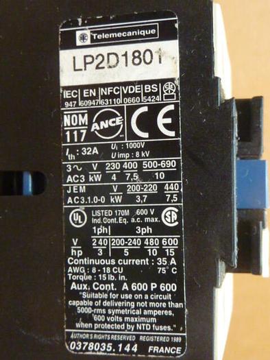 Used TELEMECANIQUE Reversing Contactor LP2D1801 #31796