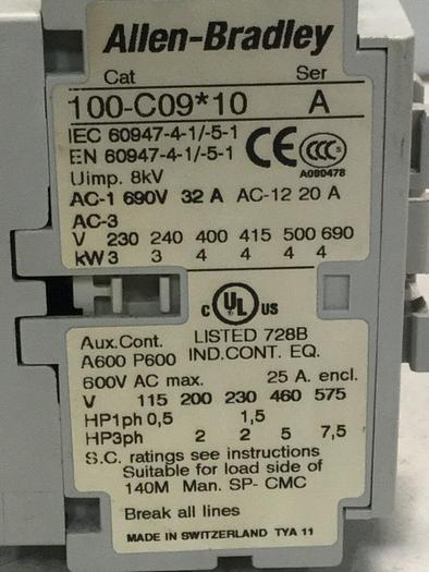 Used ALLEN BRADLEY Contactor 100-C09.10 SER A #104129