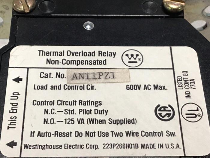 Used WESTINGHOUSE Thermal Overload Relay AN11PZ1 #122579
