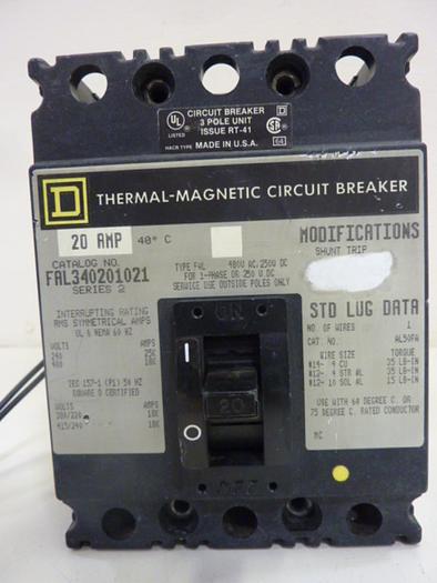 Used SQUARE D 20 Amp Circuit Breaker FAL340201021 #46769