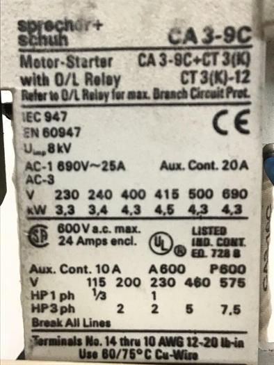 Used SPRECHER & SCHUH Contactor CA3-9-10 #120765