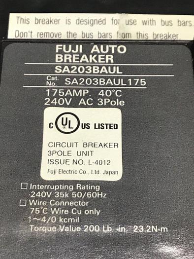 Used FUJI ELECTRIC 175 Amp Circuit Breaker w/ Switch SA203BAUL175 Used