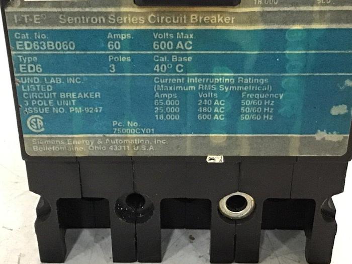 Used SIEMENS 60 Amp Circuit Breaker ED63B060 #135379