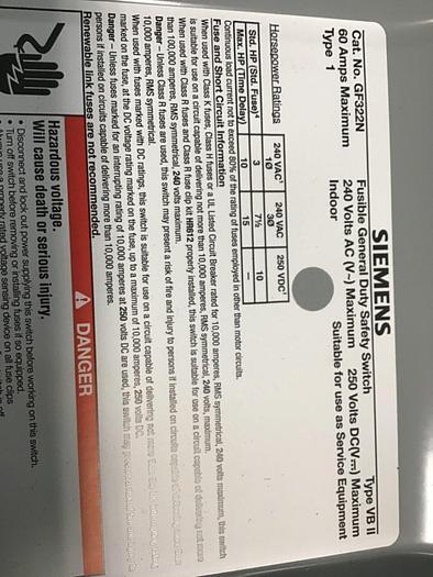 Used SIEMENS General Duty Safety Disconnect Switch GF322N VBII #137860