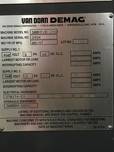Used VAN DORN DEMAG 300 Ton Injection Mold Machine 300HT20 USED