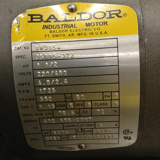 Used BALDOR 1.5 HP Electric Motor VM3154 Used