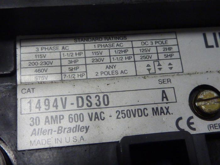 Used ALLEN BRADLEY 30 Amp Disconnect Switch 1494V-DS30 SER A #57398