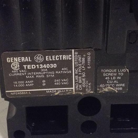 Used GENERAL ELECTRIC 30 Amp Circuit Breaker TED134030 #83535