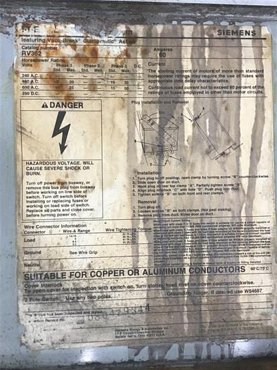 Used SIEMENS 60 Amp Buss Plug RV362 #137257