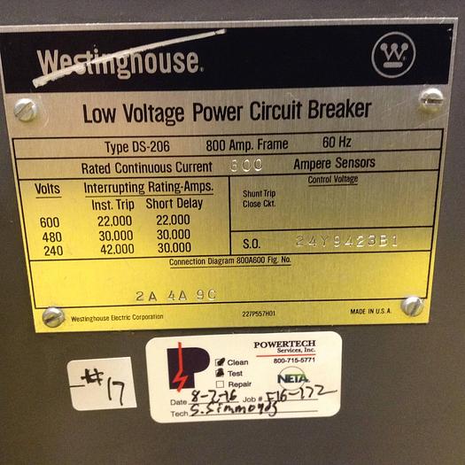 Used WESTINGHOUSE Low Voltage AC Power Circuit Breaker DS-206 #78918
