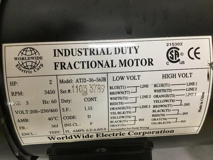 Used WORLDWIDE ELECTRIC 2 HP Fractional Motor ATJ2-36-56JB #109643