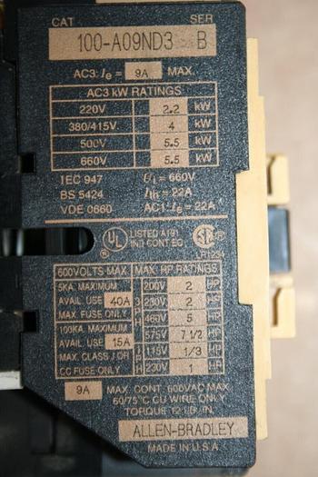 Used ALLEN BRADLEY Contactor 100-A09ND3 SER B Used