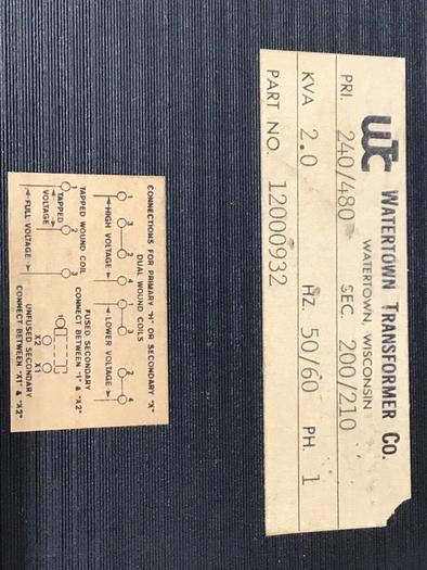 Used WATERTOWN TRANSFORMER 2.0 kVA Transformer 12000932 #134375