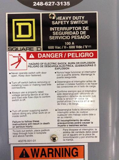 Used SQUARE D 100 Amp Safety Switch HU363AWKEI Used