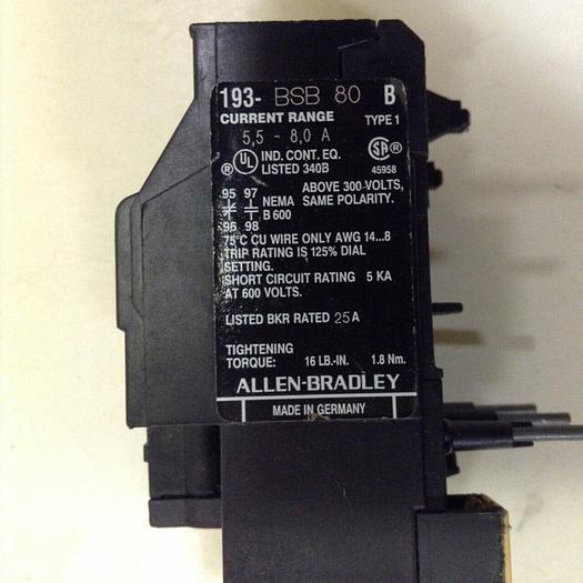 Used ALLEN BRADLEY Bimetallic Overload Relay 193-BSB80 SER B #76078