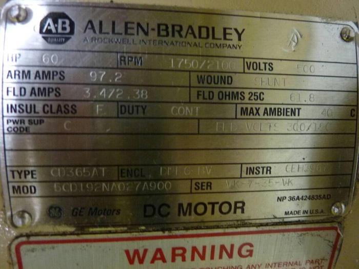 Used ALLEN BRADLEY 60 HP DC Motor 5CD192NA027A900 Used