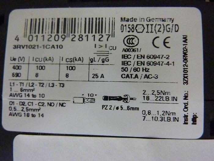 Used SIEMENS Motor Starter 3RV1021-1CA10 #46415