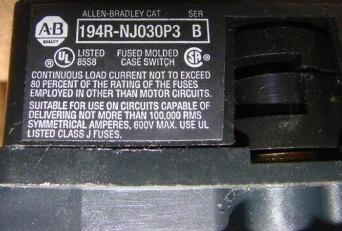 Used ALLEN BRADLEY 30 Amp Disconnect Switch 194R-NJ030P3 SER B #21260