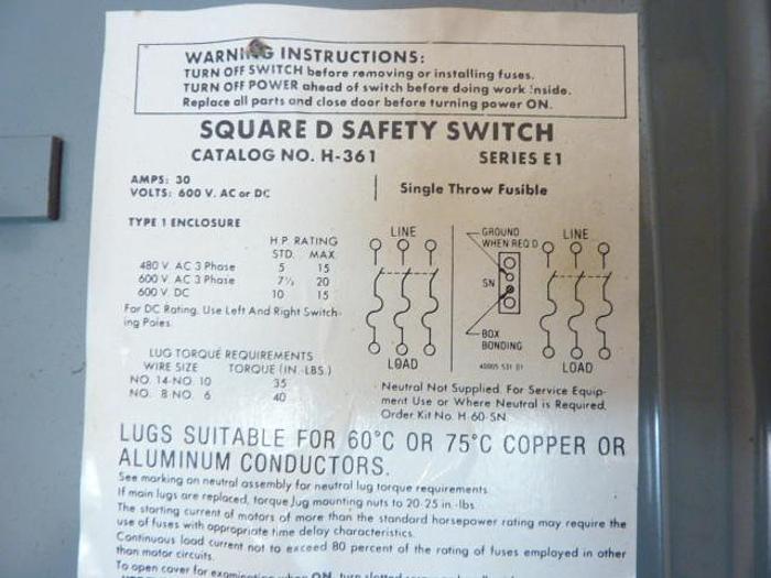 Used SQUARE D 30 Amp Safety Disconnect Switch H361 E1 Used