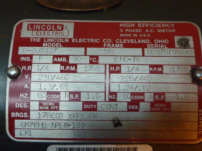 Used LINCOLN ELECTRIC 1/4 HP AC Motor D-2J7427 #33752