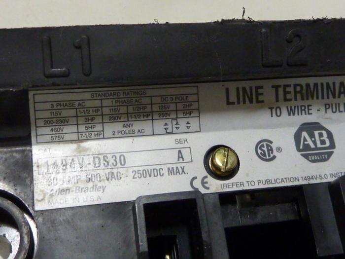 Used ALLEN BRADLEY 30 Amp Disconnect Switch 1494V-DS30 SER A #57395